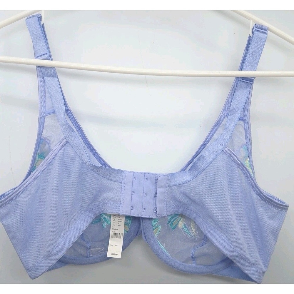 Cacique Periwinkle Blue Lace Sheer Floral Embroidered Mesh Underwire Bra 40c New - Picture 4 of 8